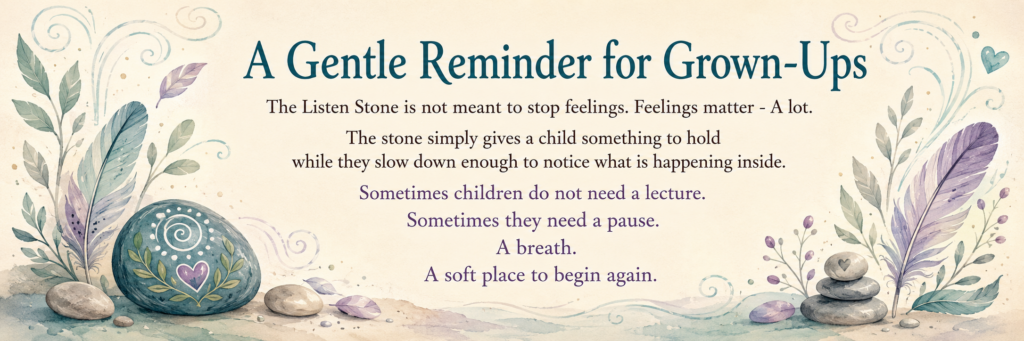 A Gentle Reminder for Grown-Ups

The Listen Stone is not meant to stop feelings. Feelings matter - A lot.

The stone simply gives a child something to hold while they slow down enough to notice what is happening inside.

Sometimes children do not need a lecture.
Sometimes they need a pause.
A breath.
A soft place to begin again.