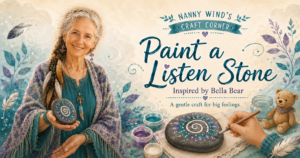 From Nanny Wind’s Craft Corner Every little craft is a chance to slow down, wonder, and talk about big feelings in a gentle way. Make your Listen Stone, keep it close, and let it remind you that calm can begin with one small pause. Inspired by Bella Bear and the Thunder Roar.